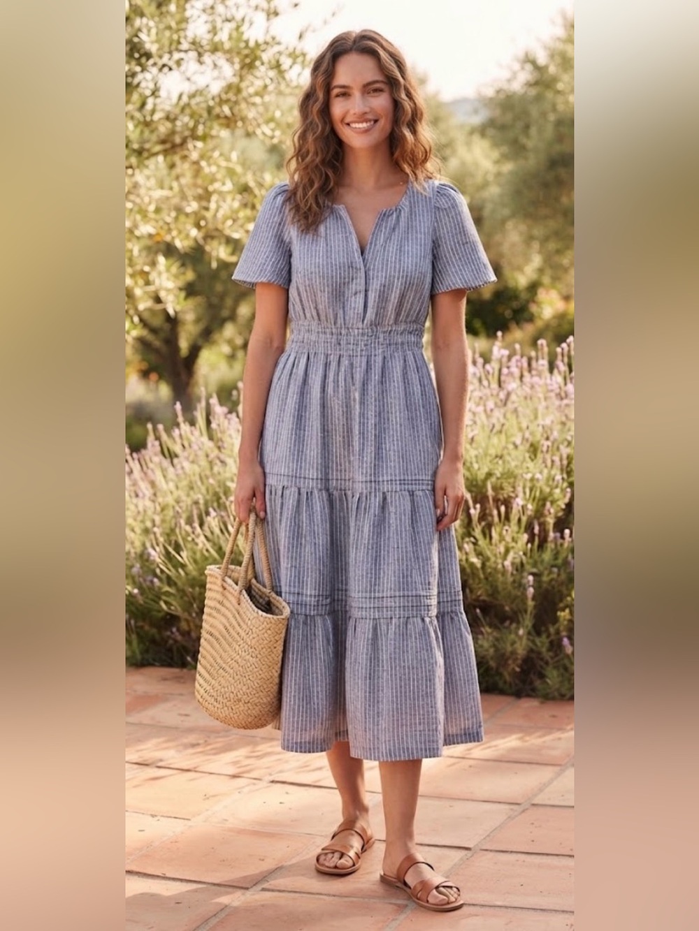 Quince 100% Linen Striped Tiered Maxi Dress Smocked Waist